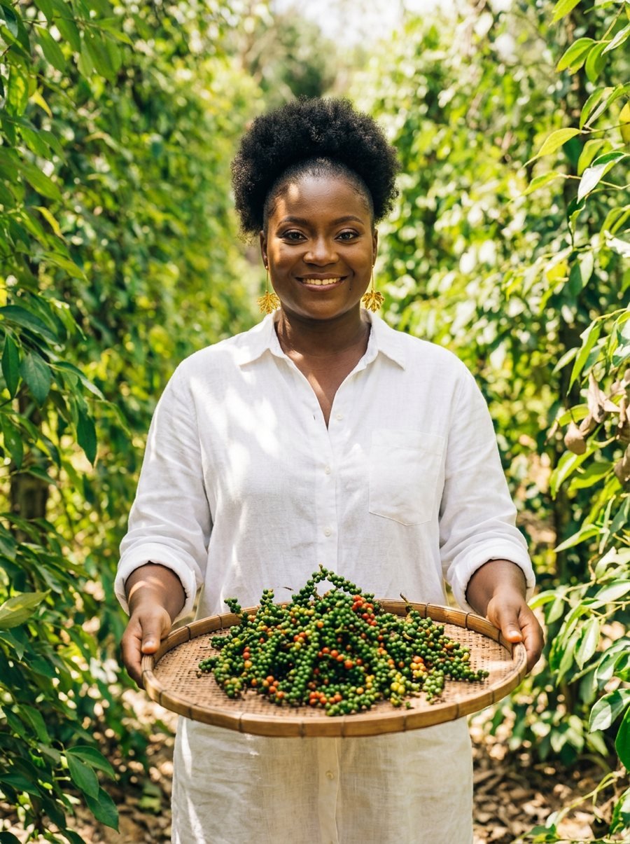 Laurence Kambou dans la plantation familiale de Penja