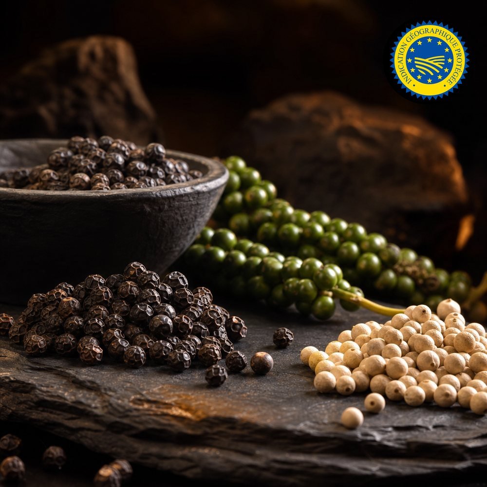 Poivre de Penja IGP — grains noir, blanc et vert